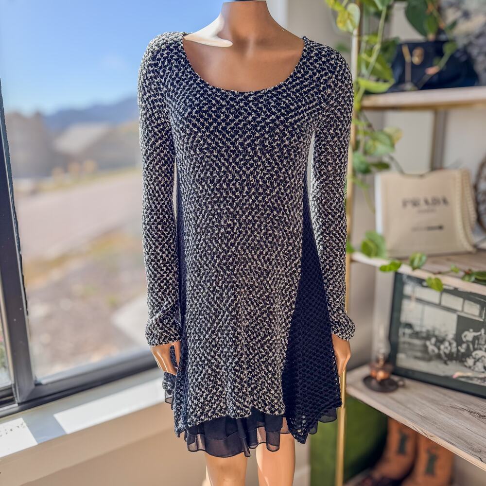 A’reve Anthologie Black & White Sweater Dress Layered Textured Knit Mesh, Medium